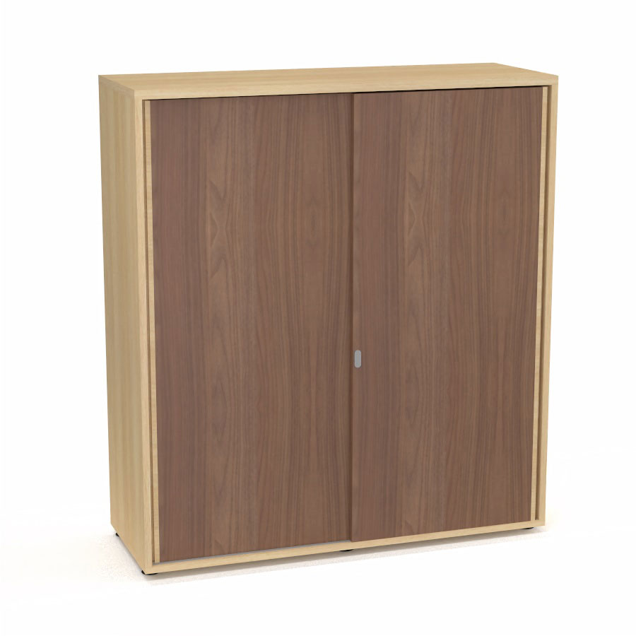 Armoire Armand 2 portes coulissantes H. 133,5 x L. 120 x P. 43,2 cm - 3 tablettes - corps mlamine chne clair - portes mlamine noyer ambr