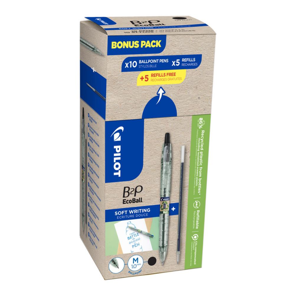 Stylo bille rtractable Pilot Greenpack B2P Ecoball - pointe large 1mm noir - lot 10 stylos + 10 recharges dont 5 offertes