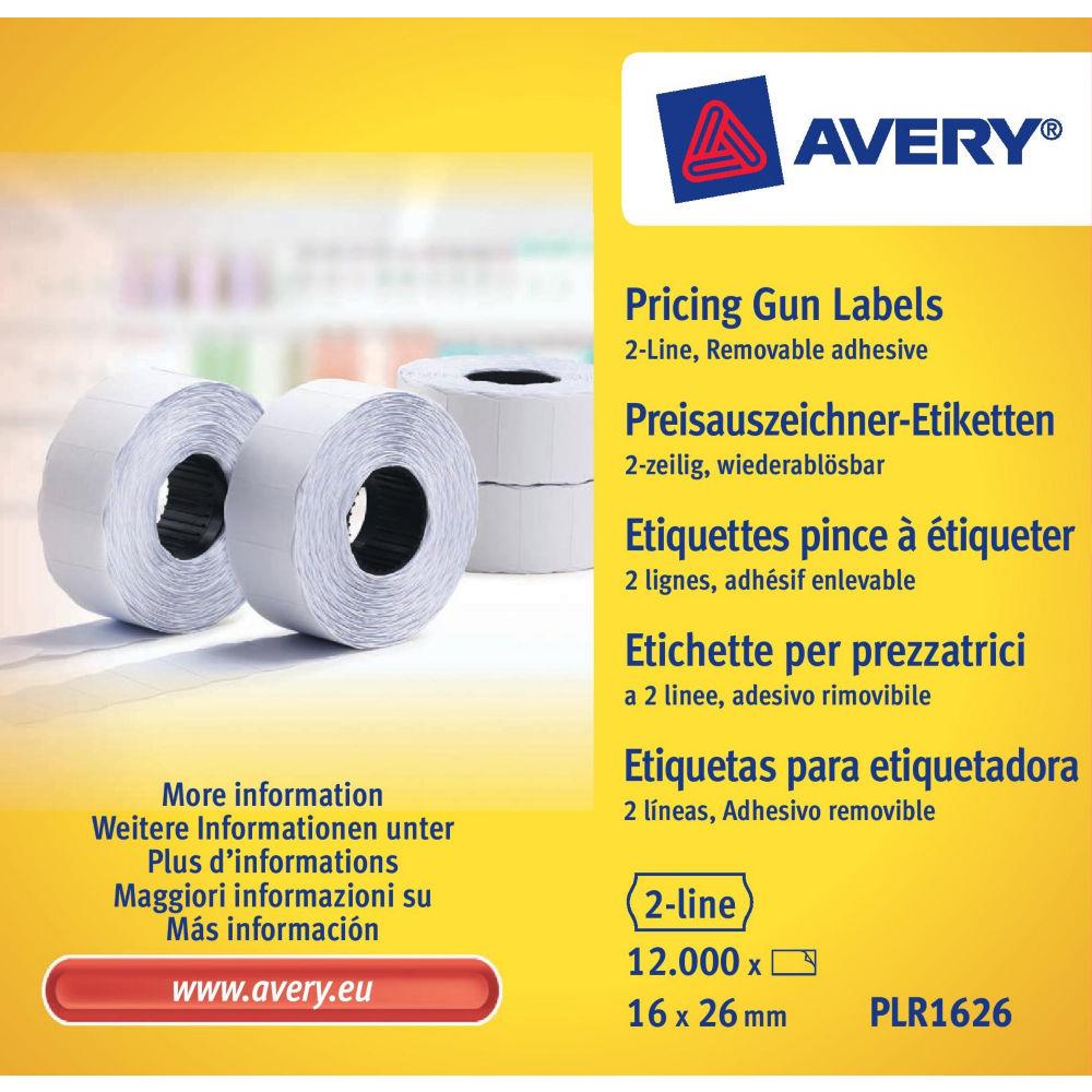 Bote de 10 rouleaux de 1200 tiquettes Avery PLR1626 pour pince  tiquetter - 2 lignes (10+ 8 caractres) - blanches - adhsif amovible