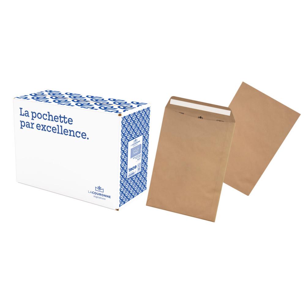 Pochette kraft La Couronne brun 24 - 260 x 330 mm 90g sans fen�tre - Autocollante bande protectrice - Lot de 250