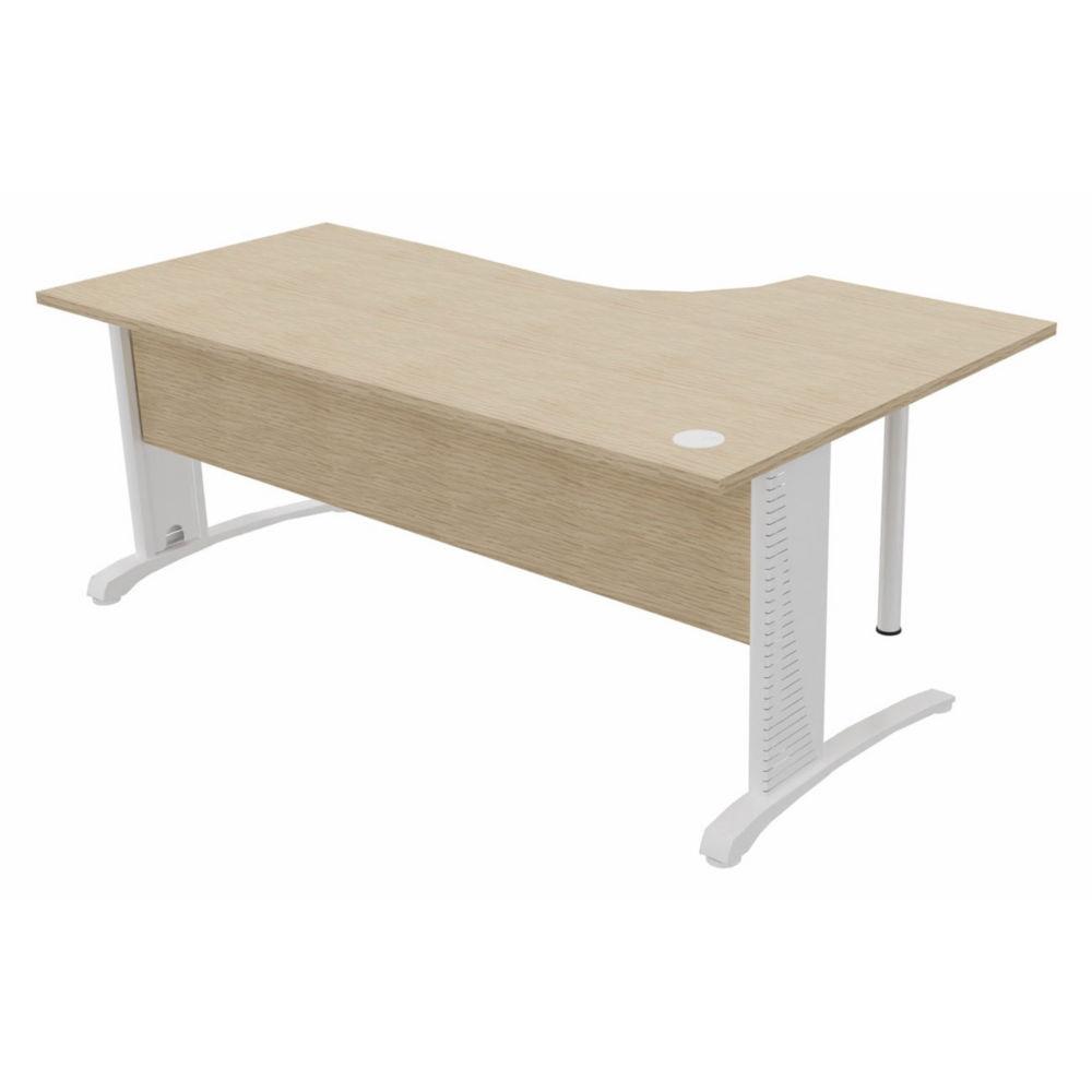 Bureau compact retour � gauche Triomphe 2 - L 180 x P 110 cm - plateau ch�ne - pieds L blancs  - embase blanche