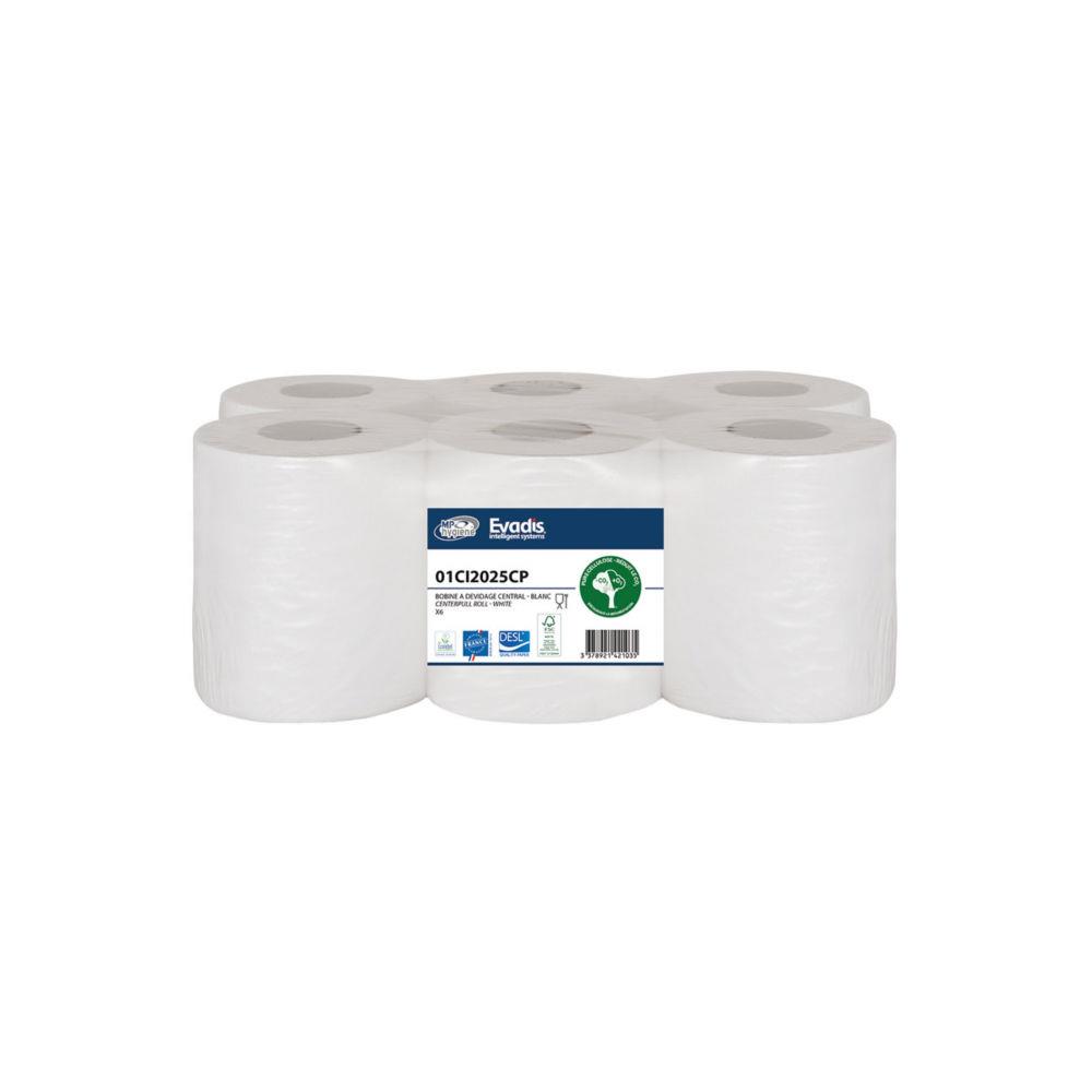 Essuie-mains dvidage central double paisseur pure ouate Evadis - 450 feuilles prdcoupes - Carton de 6 rouleaux