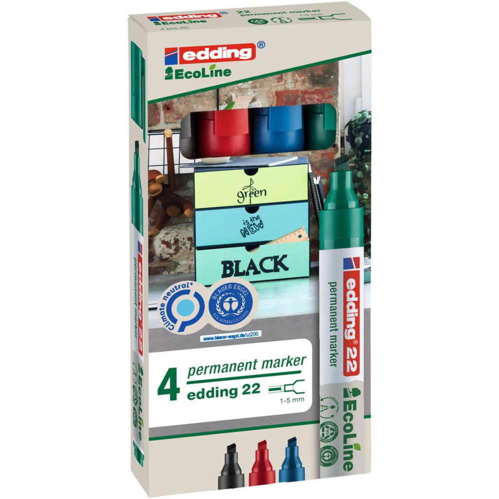 Marqueur permanent 22 - pointe biseaute 5 mm - coloris assortis : noir - rouge - bleu et vert - pochette de 4