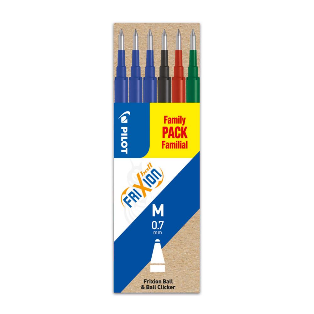 Recharge pour stylo Pilot FriXion  encre gel - pointe moyenne de 0,7 mm - coloris assortis : 3 stylos bleu - 1 noir - 1 rouge et 1 vert - paquet 6 units