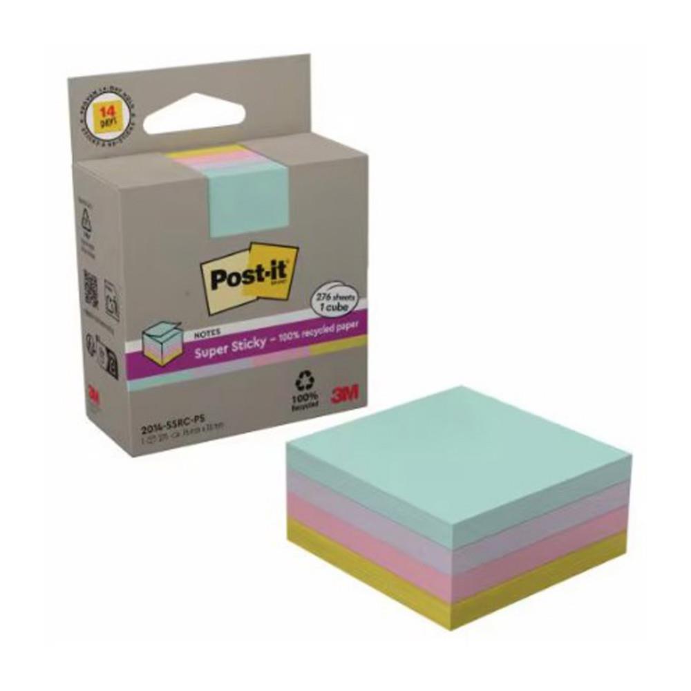 Super Sticky Post-it Cube 100% recycl� PEFC - 76 x 76 mm - 276 feuilles - Bloc de 4 couleurs assorties