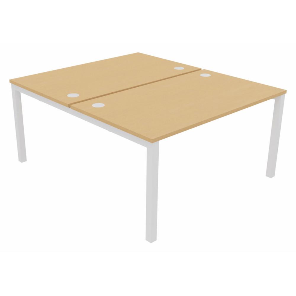 Bureau bench 2 postes Osmose d�part L140 x P163 cm Plateaux H�tre Pieds m�tal Blanc