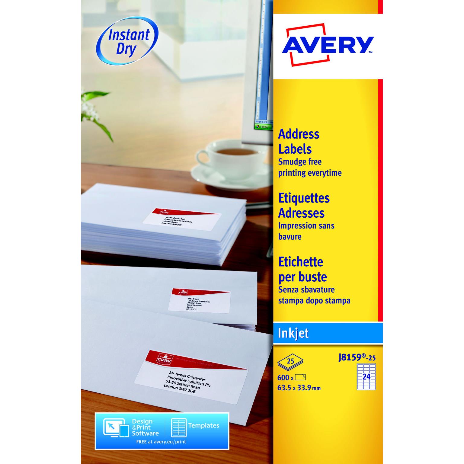 Etiquettes jet d'encre Avery J8159 - 25 planches - 63,5 x 33,9 mm - blanc - bote de 600
