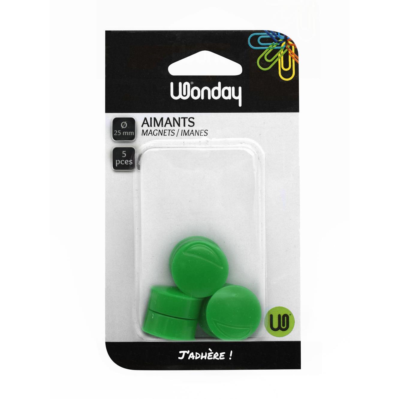 Aimant rond Wonday pour tableau magntique - Diamtre 25 mm - Vert (blister 5 units)