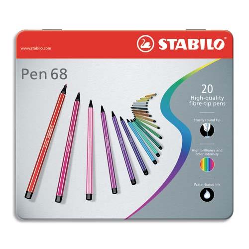 Boite mtal de 20 feutres de coloriage Stabilo Pen 68 - pointe moyenne - coloris assoris
