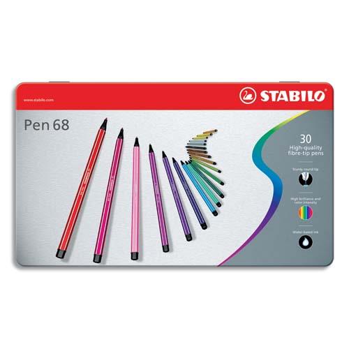 Boite mtal de 30 feutres de coloriage Stabilo Pen 68 - pointe moyenne - coloris assoris