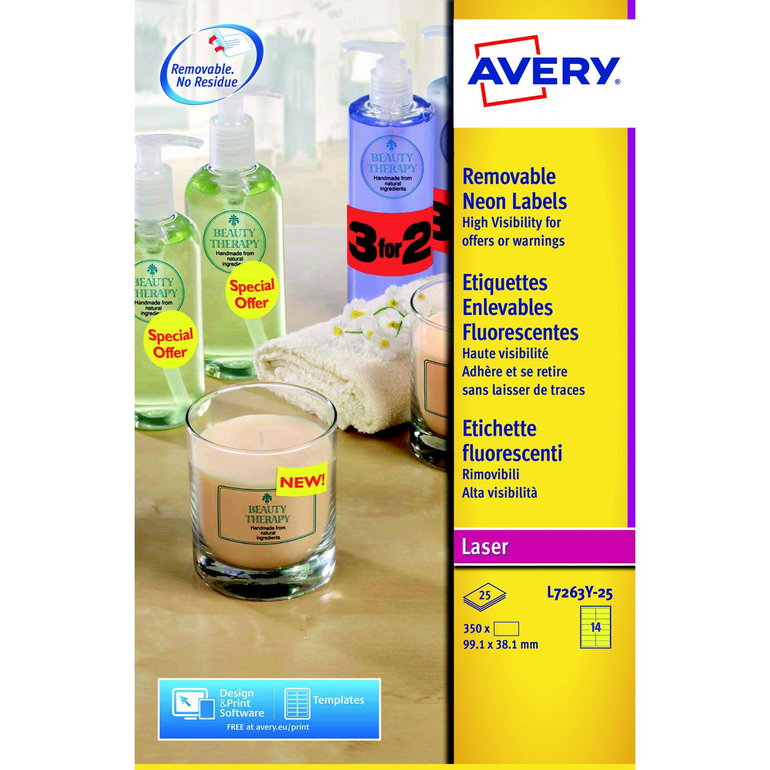 Etiquettes enlevables Avery L7263Y - laser - rectangulaire - 99.1x38.1 mm - coloris jaune fluo - bote de 350