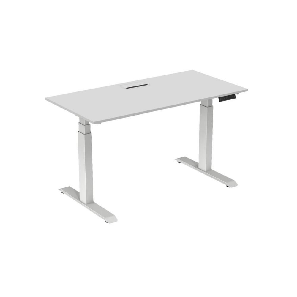 Bureau �lectrique hauteur r�glable Nova L160 cm plateau avec top access Blanc - pieds m�tal Blanc