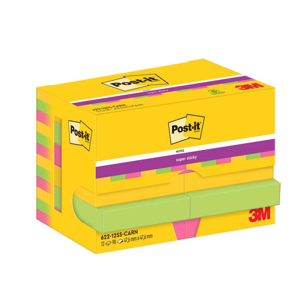 Notes repositionnables Post-it Super Sticky Carnival 47,6 x 47,6 mm - Coloris assortis - 12 blocs de 90 feuilles