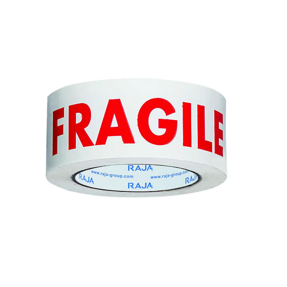 Ruban d'emballage imprim ''Fragile'' RAJA - polypro 28 microns - 50 mm x 100 m - Blanc texte rouge - lot de 6