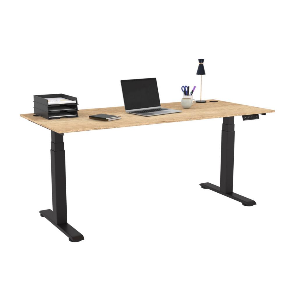 Bureau �lectrique hauteur r�glable Nova L180 cm plateau Ch�ne Nebraska - pieds m�tal Noir