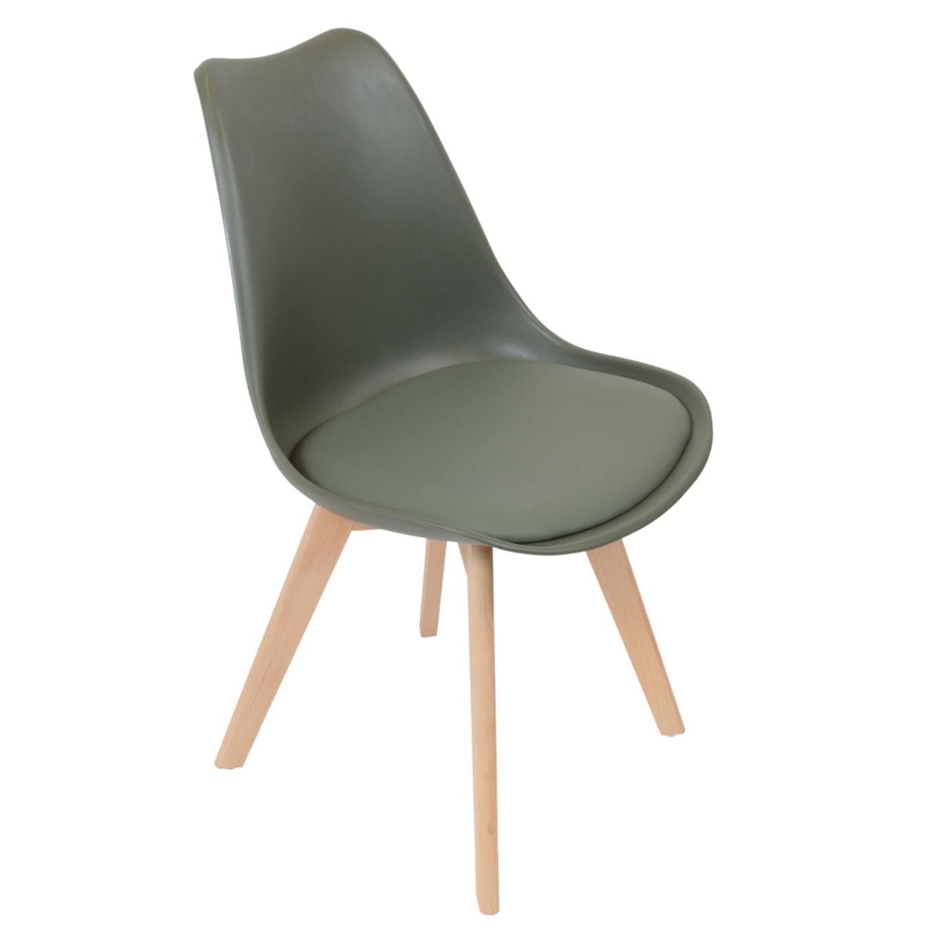 Chaise coque Artemis avec coussin - Kaki , Pieds bois brut