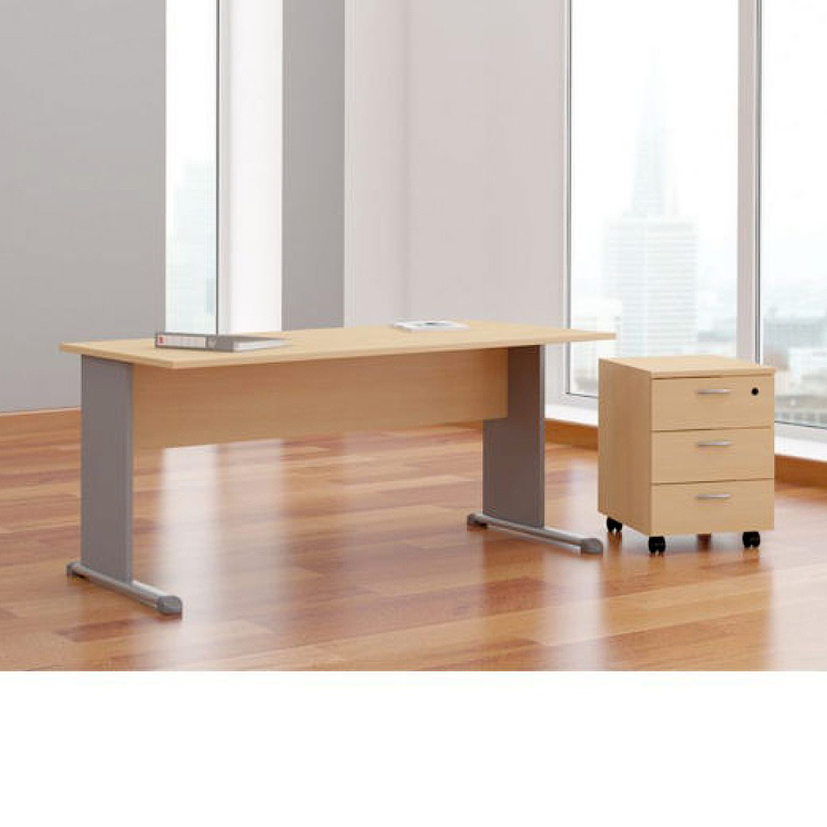 Pack Pulse Tendance : 1 bureau - 140 x 80 cm - plateau htre pieds en L - aluminium + 1 caisson mobile - 3 tiroirs - htre