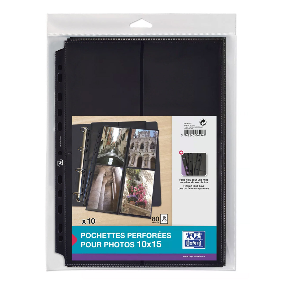 Pochettes perfores Oxford pour 8 photos - 10x15 cm - en polypropylne 12/100e - fond noir - paquet de 10