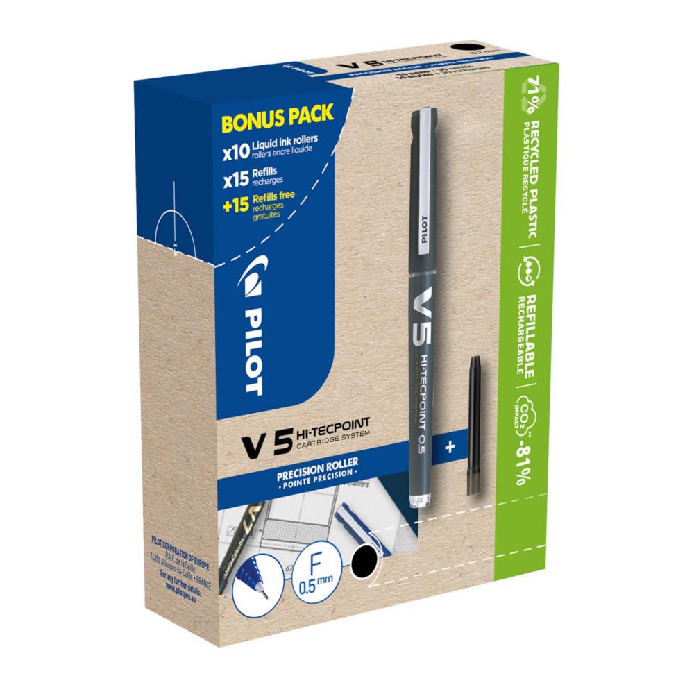 Stylo roller Hi-TecpointV5 Pilot Greenpack rechargeable pointe fine Noir - Pack de 10 + 30 recharges