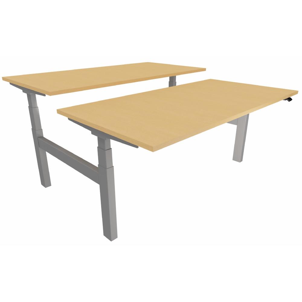 Bureau Bench - 2 postes assis-debout -  r�glage �lectrique Java - 160 x 166 cm - plateau h�tre - pi�tement arche aluminium