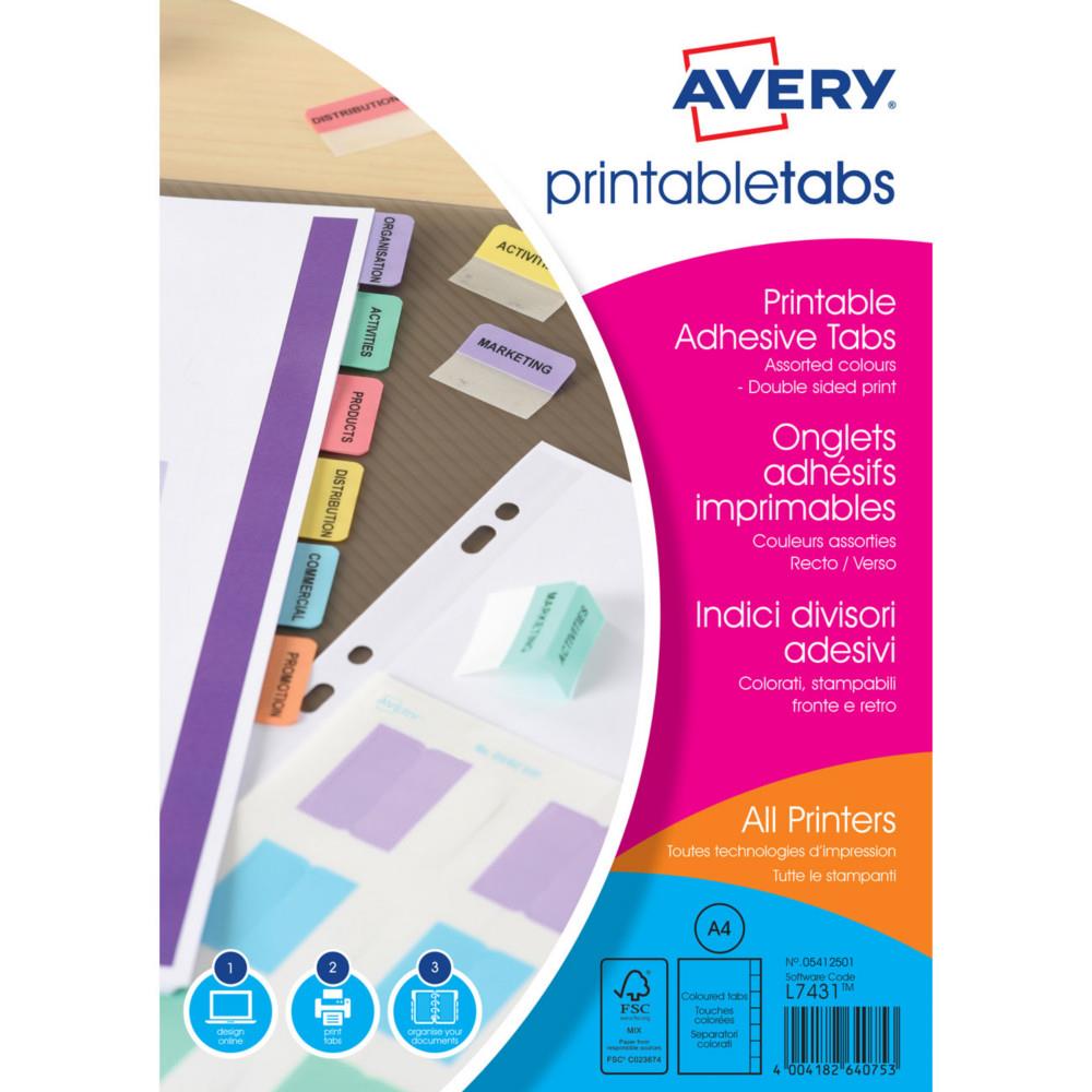 Onglets adh�sifs Avery repositionnables et imprimables recto-verso - Lot de 96 - Couleur pastel