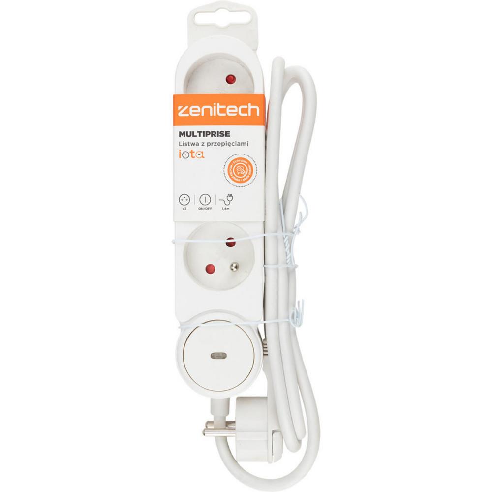 Multiprise Bloc Zenitech de 3 prises secteur en ligne IOTA - Avec interrupteur lumineux - C�ble de 1,4 m - Blanche