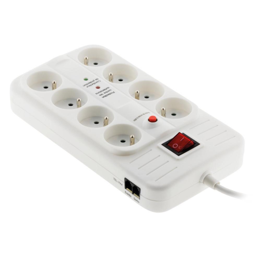 Multiprise parafoudre Zenitech 8 prises secteur 16A + Prise TV / TNT / Tel / ADSL - Avec interrupteur lumineux - Blanche