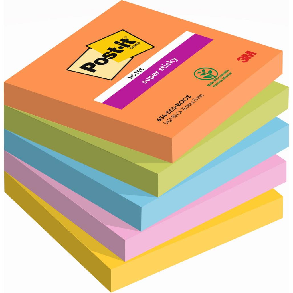 Notes repositionnables Post-it Boost 76 x 76 mm coloris assorties - 5 blocs de 90 feuilles