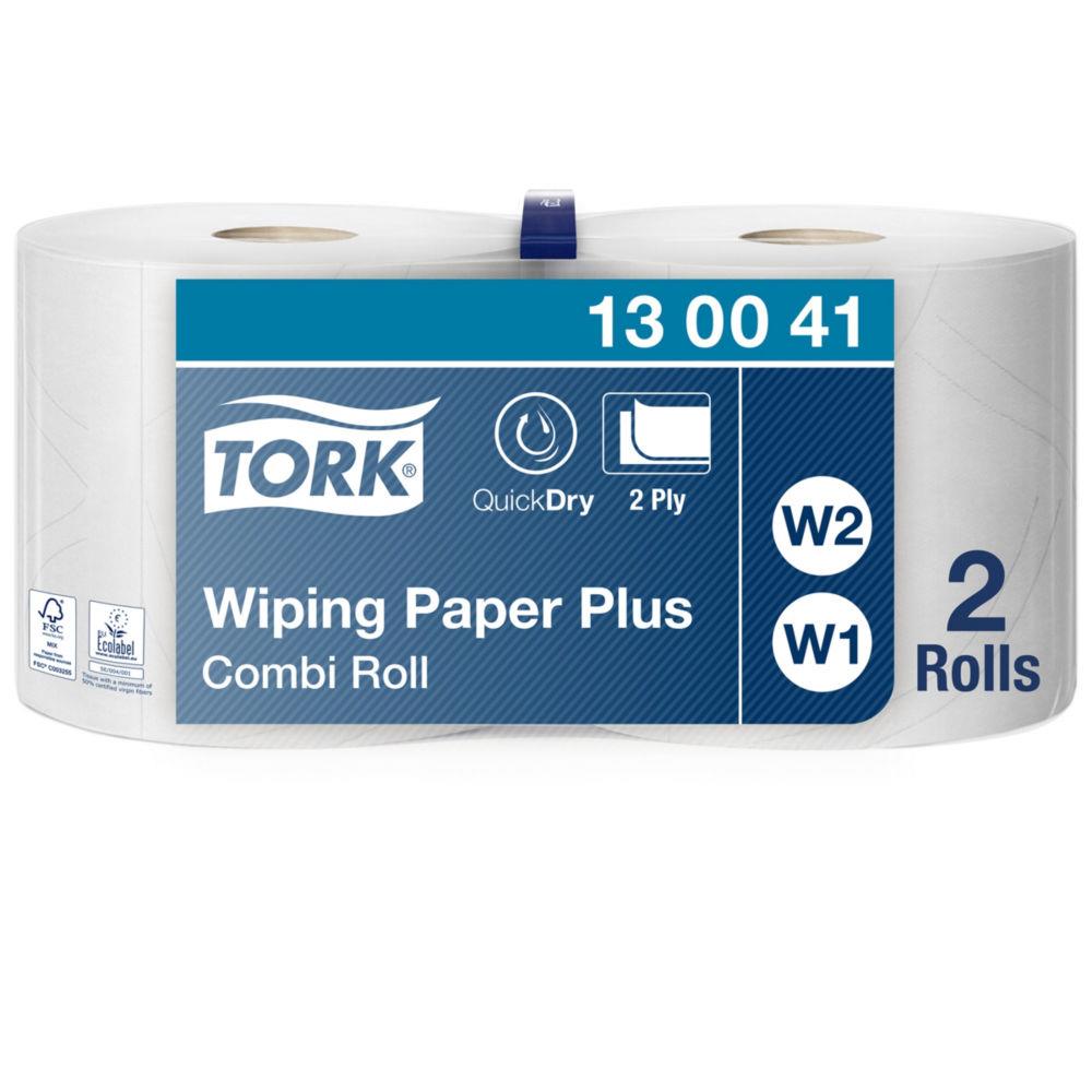 Bobine d'essuyage Tork Paper Plus - 130041 - 750 formats - 2 plis - 23,5 x 34 cm - lot de 2 - pour TORK W1 et W1