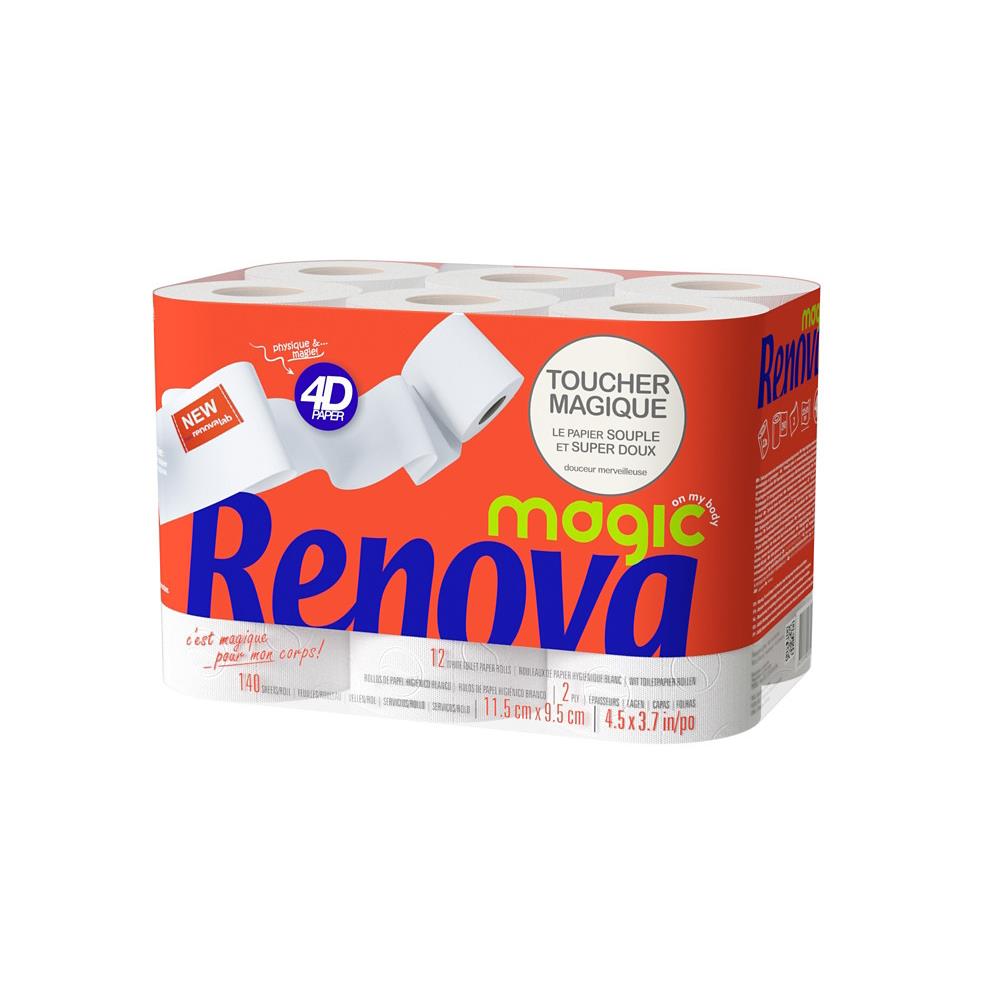 Papier toilette Renova Magic 4D Standard double �paisseur - Rouleau de 160 feuilles - Blanc - Lot de 12 rouleaux