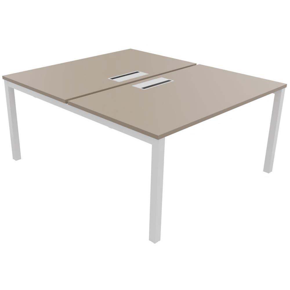 Bureau bench 2 postes Osmose d�part L140 x P163 cm Plateaux Argile avec trappe d'acc�s aux c�bles Pieds m�tal Blanc