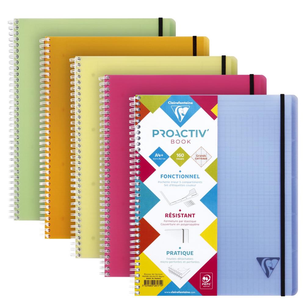 Cahier spirales Proactiv'Book Linicolor Clairefontaine - A4+ - 22,5 x 29,7 cm -  fermeture par lastique - 160 pages - 90g - petits carreaux 5x5 - coloris fresh