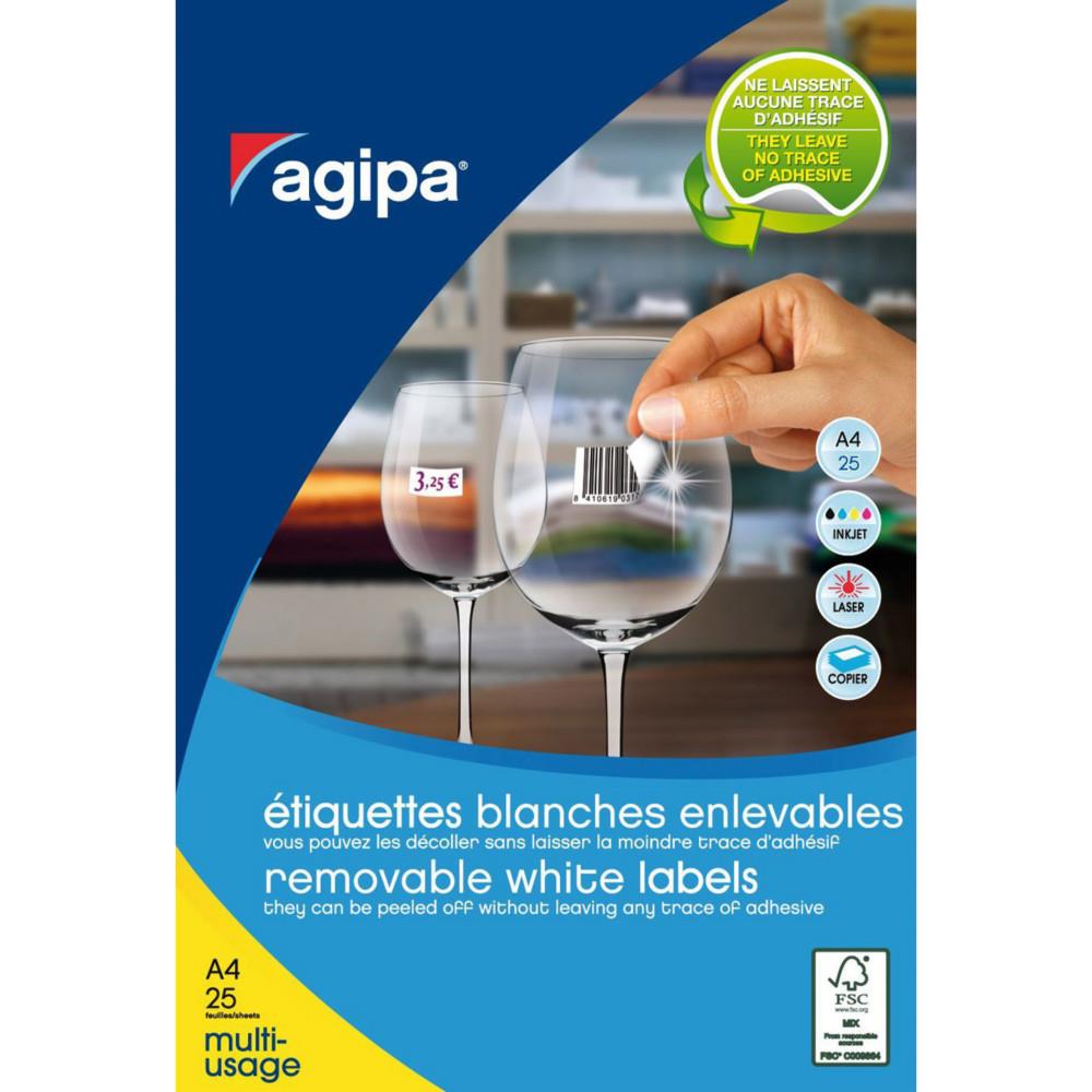 Etiquettes blanches enlevables coins arrondis multi-usage AGIPA 102639 63,5 x 29,6 mm - Pochette de 675