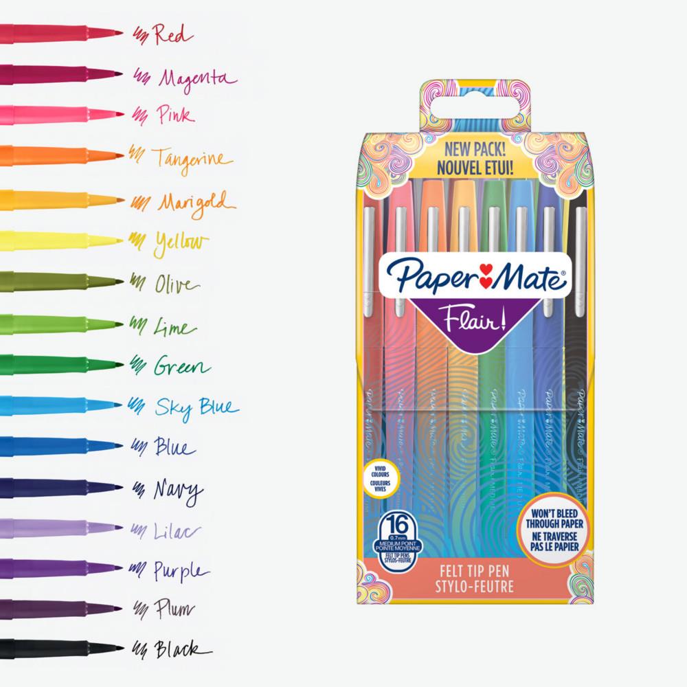 Stylo feutre Papermate Flair Original -  capuchon pointe moyenne 1 mm - pochette 16 couleurs assorties