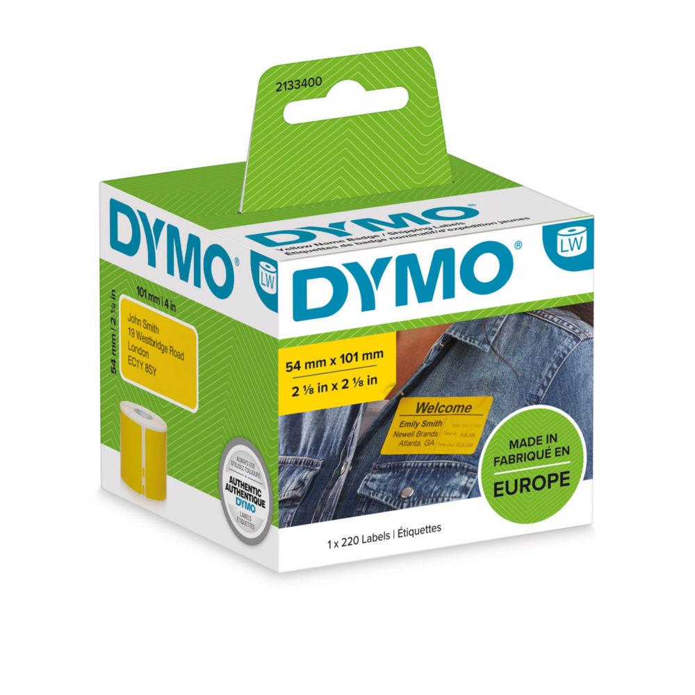 tiquettes Dymo BADGE NOMINATIF / D'EXPDITION JAUNE pr-dcoupes Noir sur Jaune -54 x 101 mm - Modle 2133400 - 1 rouleau de 220 tiquettes auto-adhsives  bords arrondis