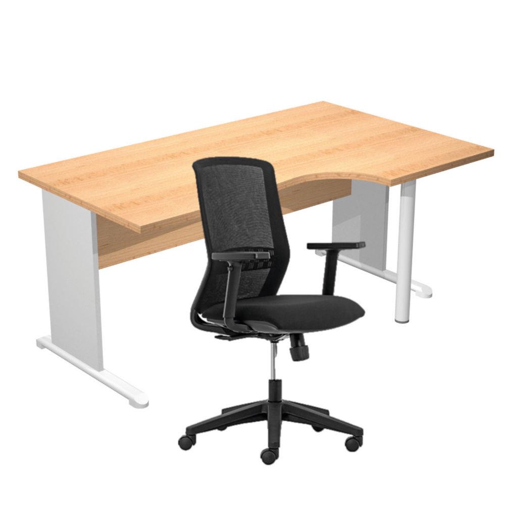 Pack Bureau d'angle compact  droite Pulse Bois - L160 x P100 cm Htre - Pieds L Aluminium + fauteuil Tekna Noir