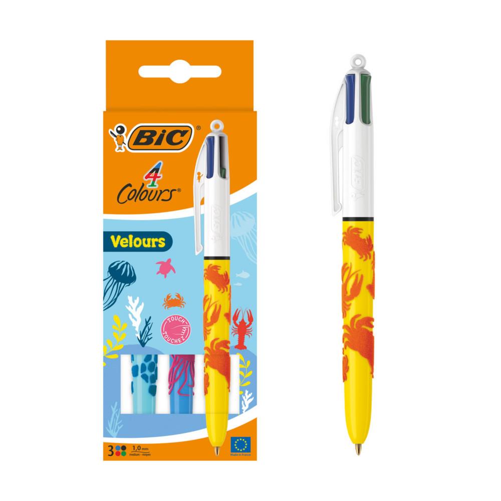 4 couleurs BIC Velours Stylo bille rtractable pointe moyenne 1 mm - Corps couleurs assorties - Lot de 4