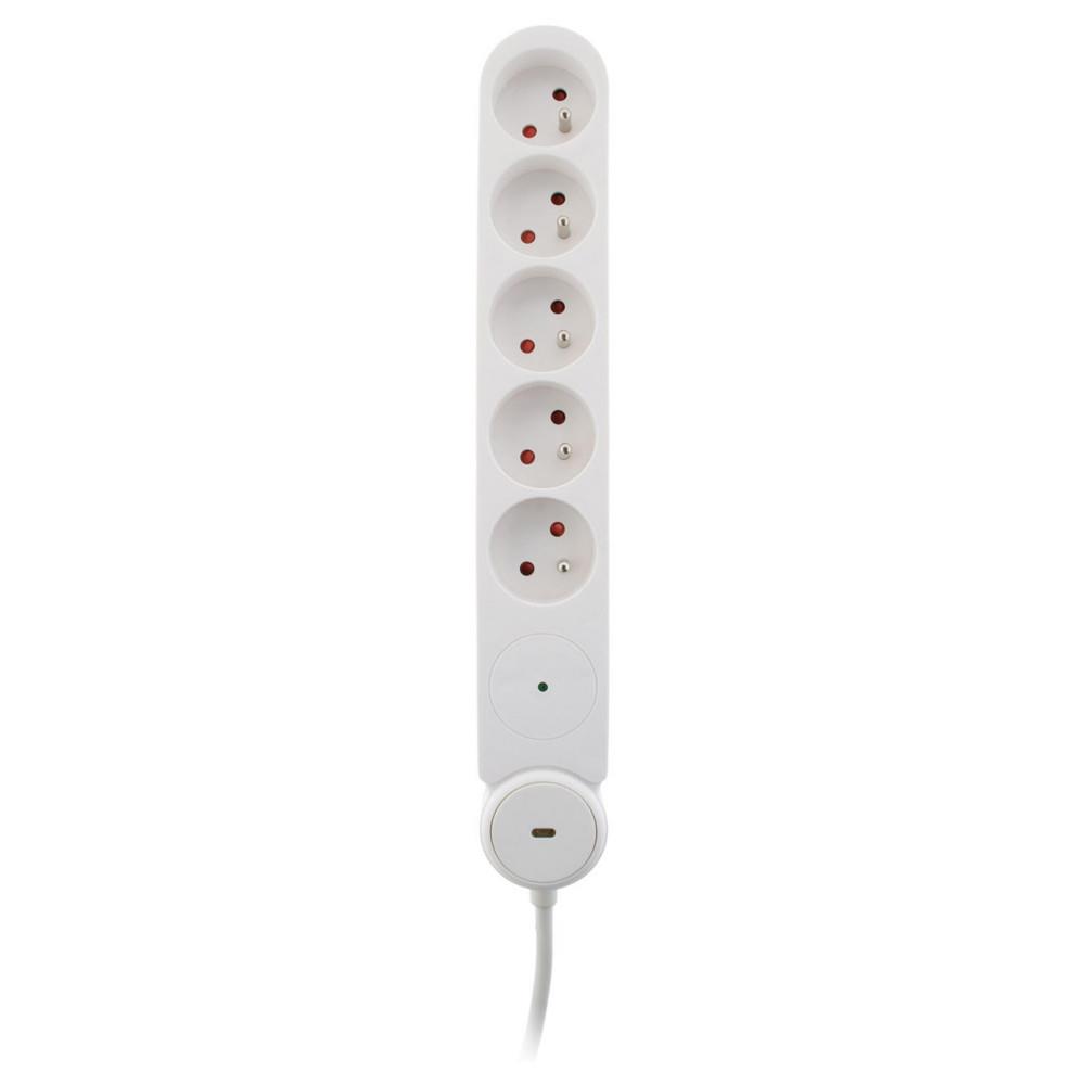 Multiprise Bloc Zenitech de 5 prises secteur en ligne IOTA - Avec interrupteur lumineux - Parafoudre - C�ble de 1,4 m - Blanche