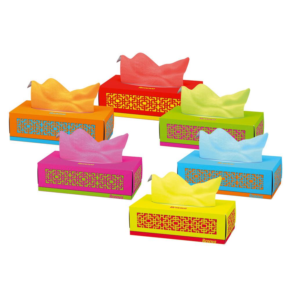Mouchoirs double Renova �paisseur Red Label coloris al�atoirs bleu, vert, orange et violet - 1 bo�tes de 80 feuilles