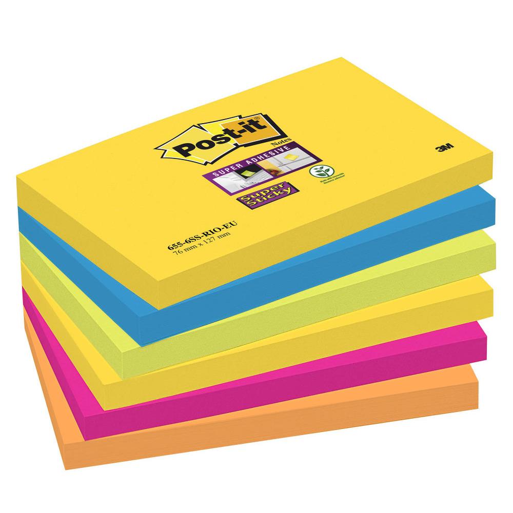 Notes Post-it Super Sticky - format 76 x 127 mm - couleurs assorties Rio de Janeiro - 90 feuilles - lot de 6