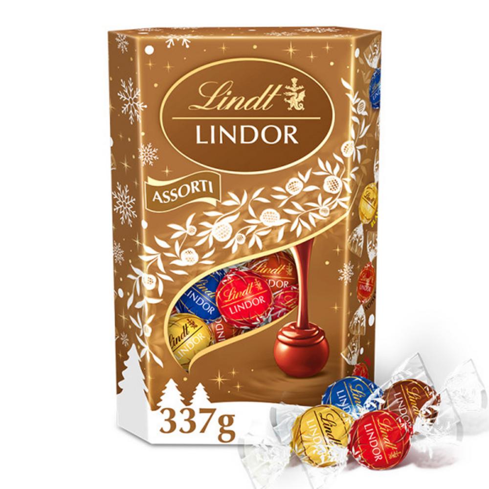 Cornet Assorti Lindt LINDOR - Assortiments en papillotte boules de chocolat au lait, noisette, pralin et noir - 337 g