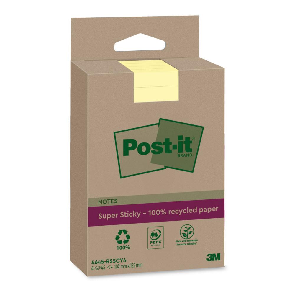 Bloc de notes Post-it Super Sticky Recycles Lignes 102 x 152 mm Jaune - Lot de 4 blocs de 45 Feuilles