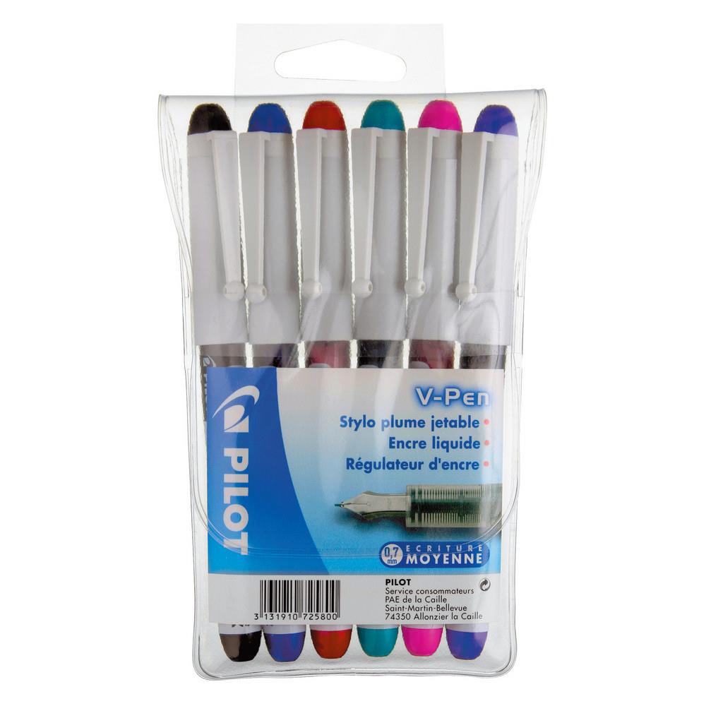 Pochette de 6 stylos  plume jetables Pilot V-Pen - 6 couleurs d'encre