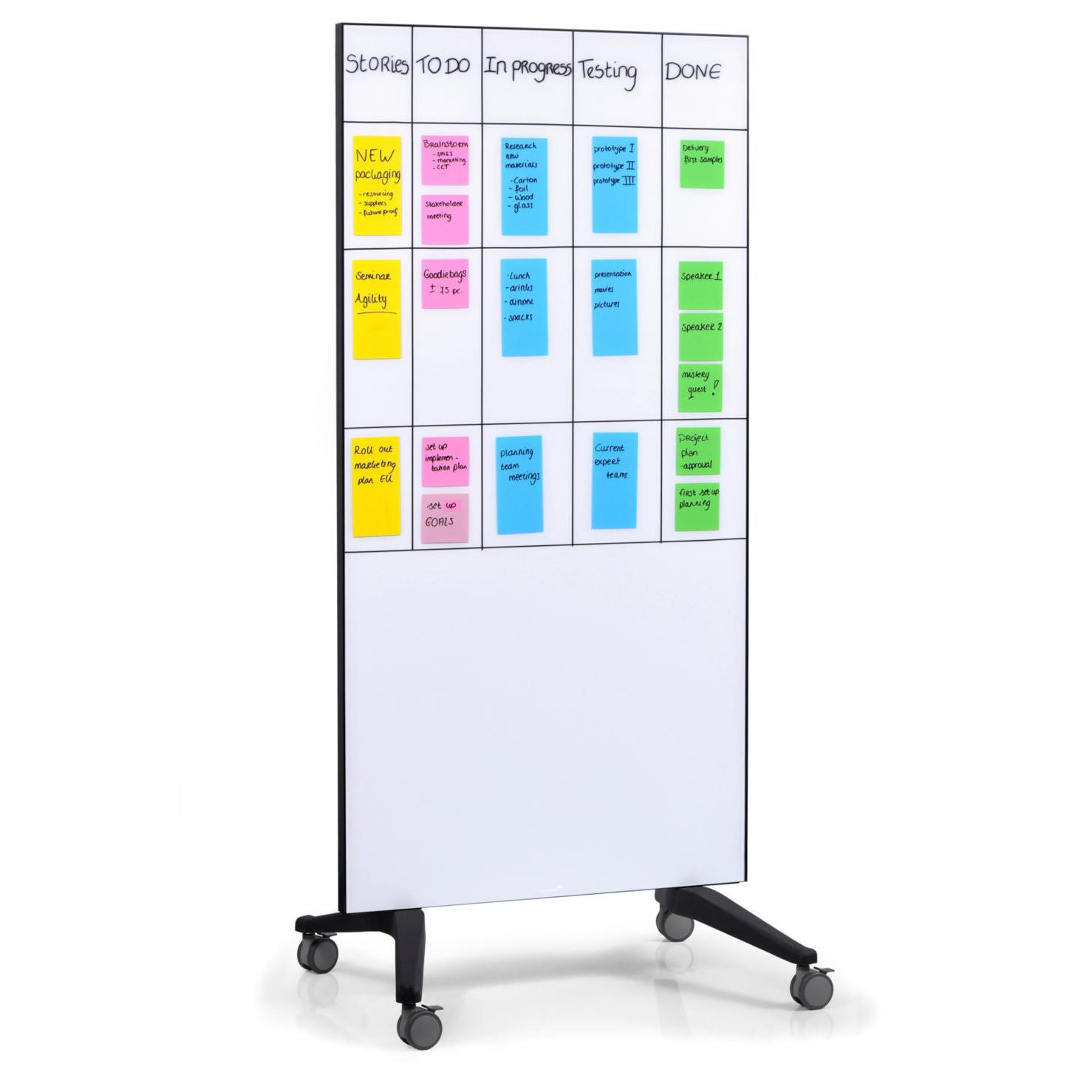Tableau blanc mobile double face verrre tremp Legamaster - Surface magntique - L.90 x H.175 cm