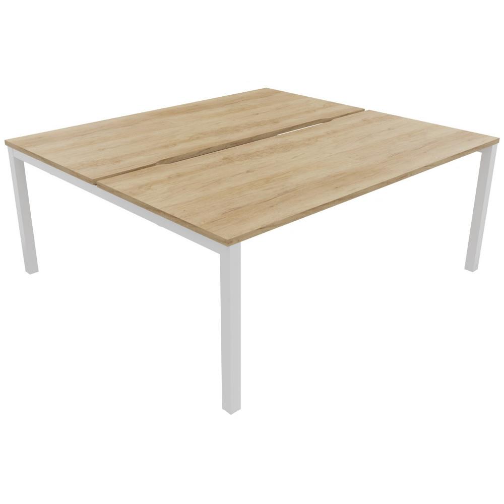 Bureau bench 2 postes Osmose d�part L180 - plateaux �chancr�s Ch�ne Nebraska - pieds m�tal Blanc