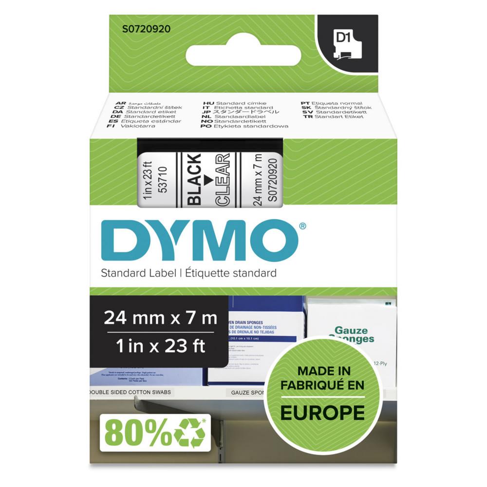 Cassette ruban Dymo d'�tiquettes D1 auto-adh�sive - S0720920 pour �tiqueteuse - 24 mm x 7 m - Noir sur tranparent