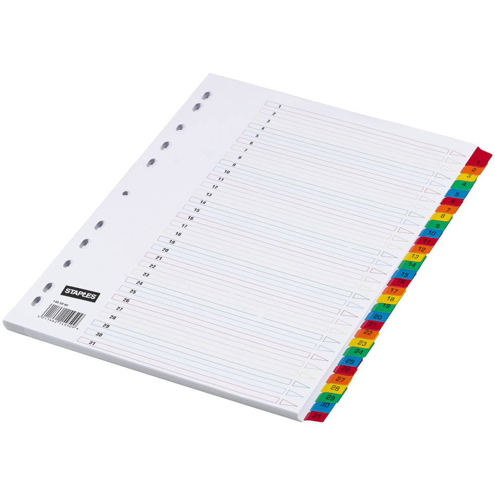 Intercalaires A4 31 Touches Numériques - Lot De 10, Polypro 120µ, Perforation Universelle