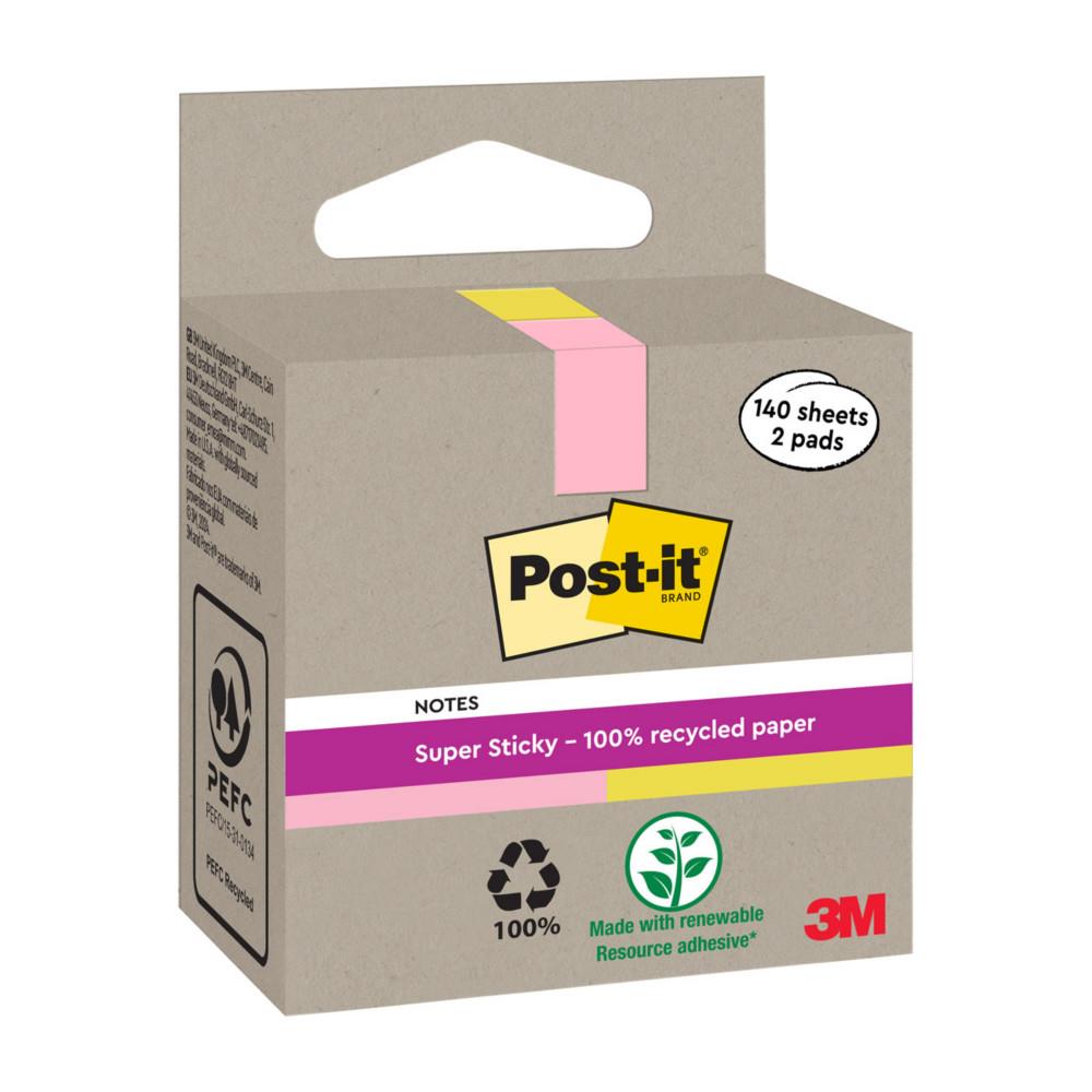 Notes Super Post-it Sticky 76 x 76 mm 100 % recycl�es - 2 Blocs de 70 feuilles - Rose pastel et jaune