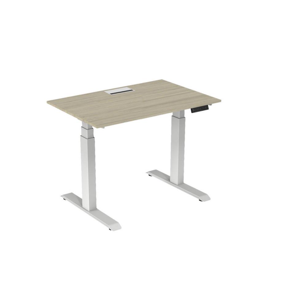 Bureau �lectrique hauteur r�glable Nova L120 cm plateau avec top access Ch�ne - pieds m�tal Blanc