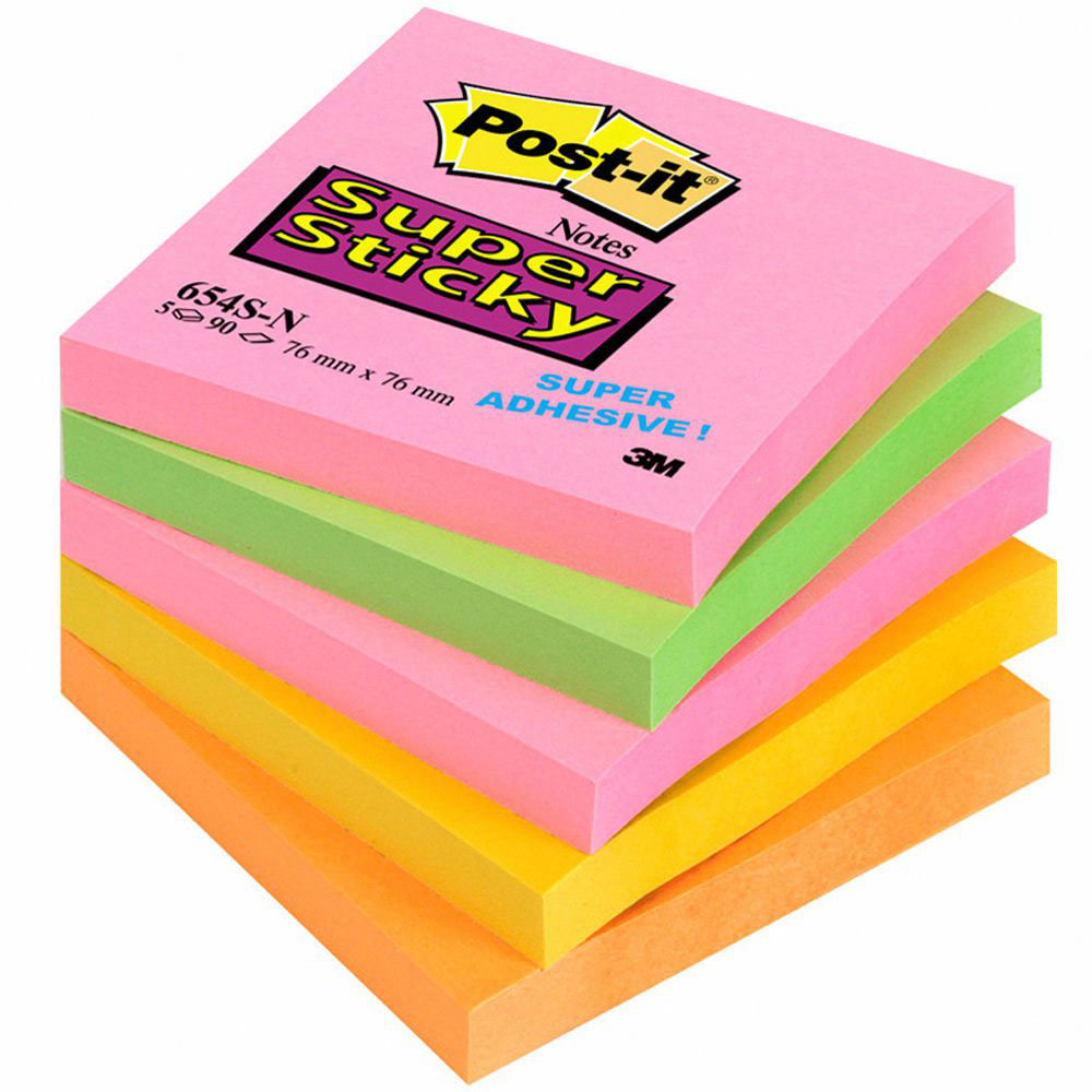 Notes Postit Supersticky 76 x 76 mm de 90 feuilles coloris néons